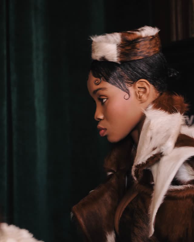 Model in profile in a feathered headpiece against a deep green backdrop
