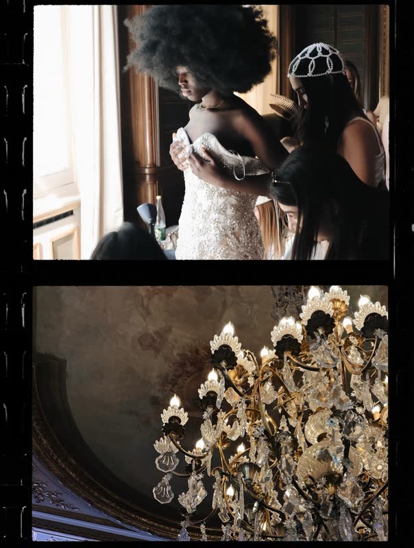 Two frames: a model seen from behind, and a chandelier overhead